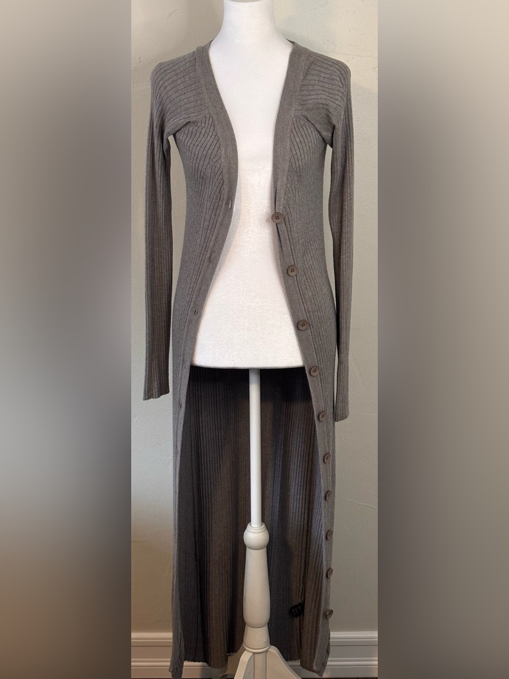 Olivaceous Gray Ribbed Button-Front Cardigan Sweater Dress Women’s Large